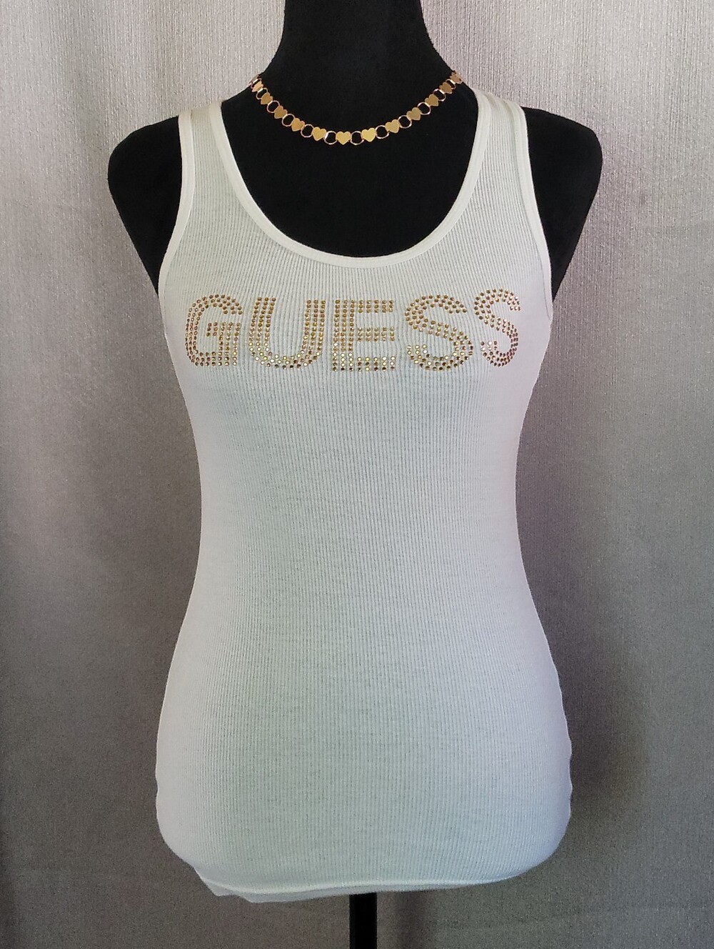 GUESS White Ribbed Tank with Gold Stud Logo